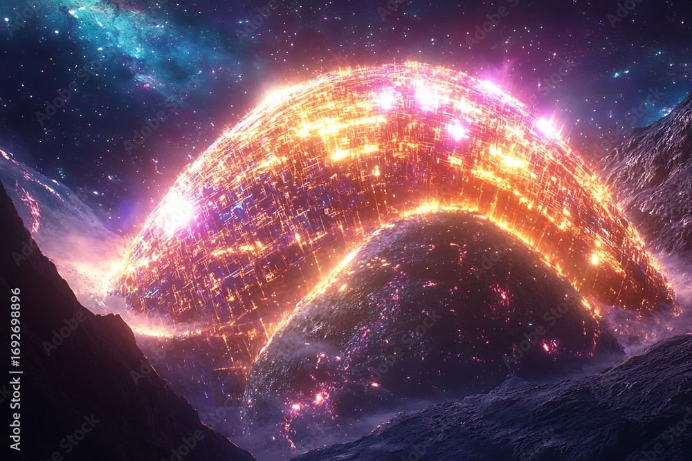 Poster glowing sphere structure in space with mountains in foreground