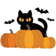 Halloween illustration with pumpkin black cat isolated vector illustration on white background