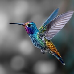 Fototapeta premium Hyper detailed hummingbird hovering mid air selective color effect iridescent feathers against blurred background