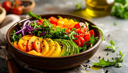A vibrant and colorful salad bowl filled with fresh vegetables and fruits, a healthy meal.