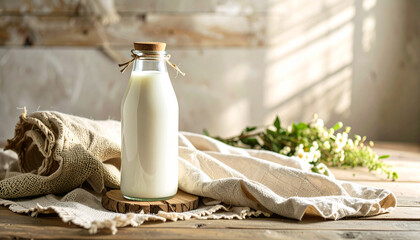 A glass bottle of fresh milk sits on a wooden surface with a cloth and flowers.