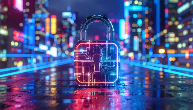 Neon glowing padlock symbolizing digital security in smart city