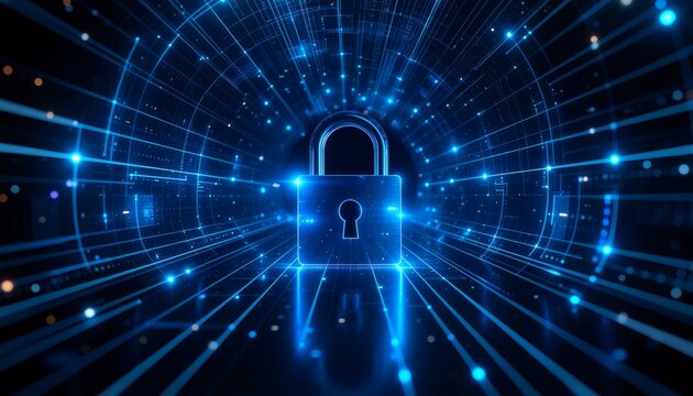 Abstract glowing tunnel with futuristic cyber padlock - Powered by Adobe