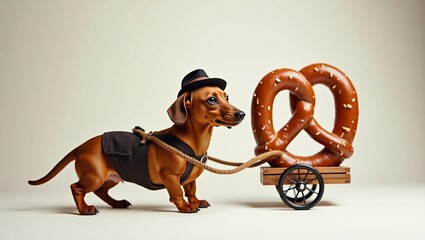 cute little dog tied to a cart with a pretzel on top