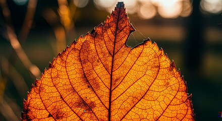 Close-up of a vibrant autumn leaf in the sunlight