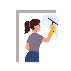 A woman cleaning a window with a squeegee, representing housekeeping chores and daily tasks. She's wearing yellow gloves and focused on the task.