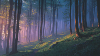 Fototapeta premium A tranquil, misty forest floor at dawn, with ethereal light filtering through the canopy.