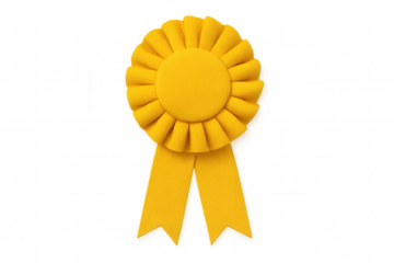 Yellow pleated ribbon award rosette with transparent background representing achievement, winning, and success