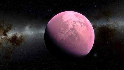 a close up of a pink planet in the sky with a star in the background