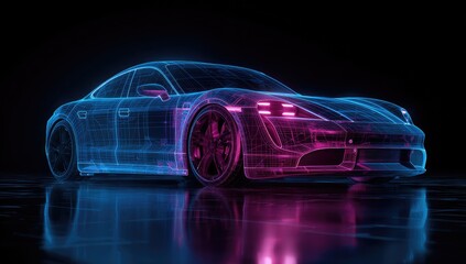 Futuristic car model, glowing wireframe
