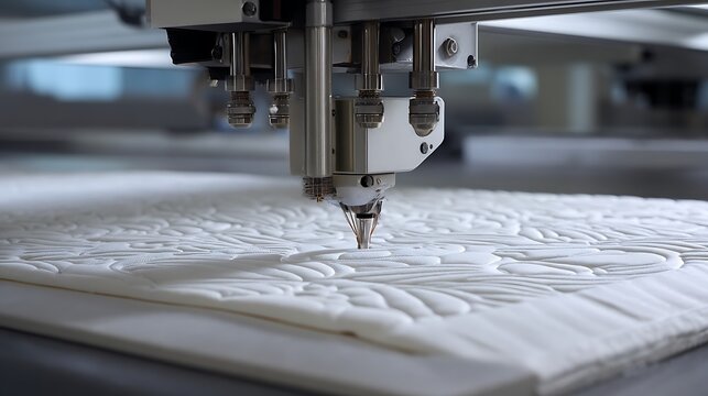 Automated Quilting Machine Stitching Intricate Pattern on Textile Fabric Close Up