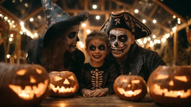 Mother, father and children dressed in witch, skeleton, and pirate 