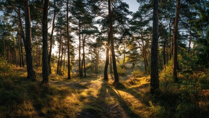 Fototapeta premium Sunlit forest path at sunset