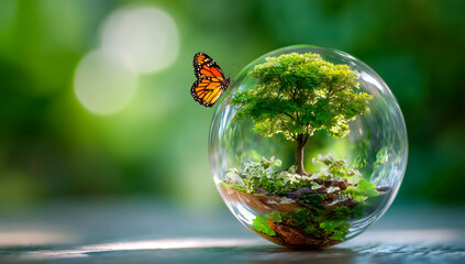 Orange butterfly lands on glass sphere containing miniature tree