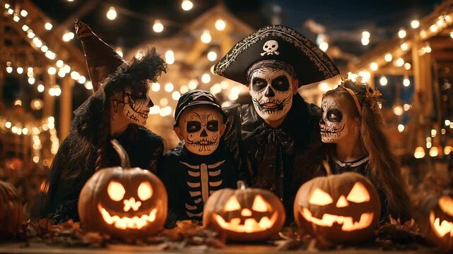 Mother, father and children dressed in witch, skeleton, and pirate costumes celebr