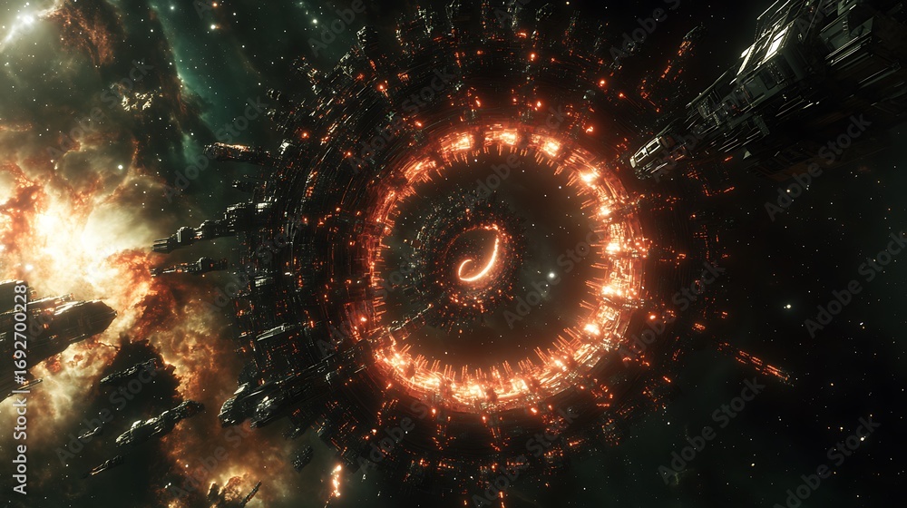 Poster futuristic space station with glowing portal in outer space view