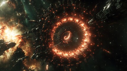 Futuristic space station with glowing portal in outer space view