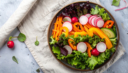 A vibrant and colorful salad bowl featuring fresh vegetables and leafy greens, perfect for a healthy meal.