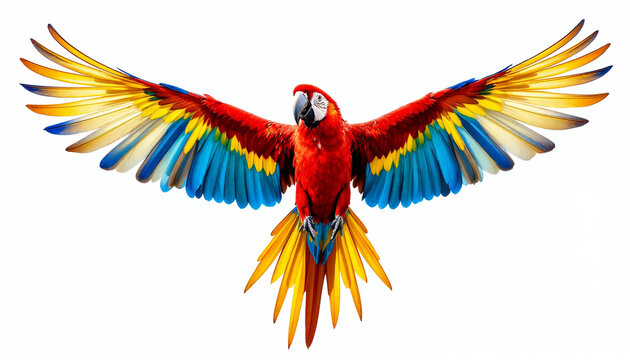 Scarlet macaw in mid-flight against white background