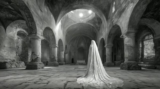 Phantom bride with torn veil walking in abandoned church. halloween horror, bride ghost