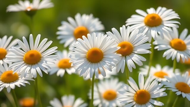 Fresh daisies bathed in sunlight with a soft green background, showcasing delicate petals in close-up. - Powered by Adobe