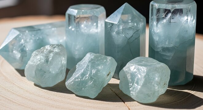 Natural Aquamarine Crystals Raw and Polished Gemstones Collection.