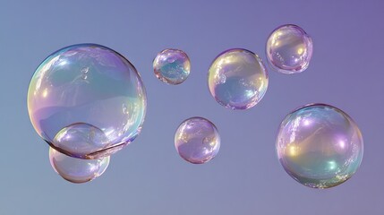 Floating iridescent soap bubbles against soft gradient sky background with delicate rainbow reflections creating dreamy light playful atmosphere
