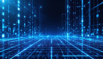 Immersive digital grid with glowing blue data streams and futuristic cityscape perspective