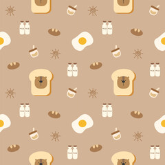 Face bear on bread cartoon so cute. On milk drinks fried egg sun brown background. Pattern seamless vector illustration. 