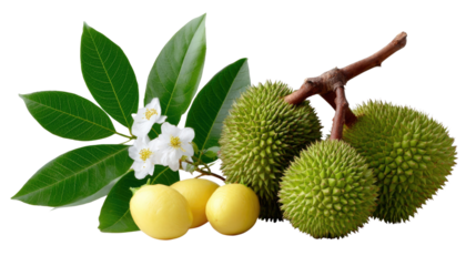 Tropical Fruit Still Life: A vibrant collection of spiky durian, yellow mangosteens, and delicate blossoms captures the exotic allure of the tropics.
