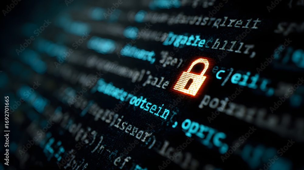 Poster secure software development code on computer screen ith padlock symbol and blured background
