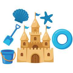 Sand castle with kit on beach isolated vector illustration on white background © azzedine