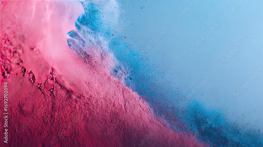 Poster dynamic abstract background with vibrant red and blue powder textures blending together in energetic