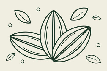 Three Cocoa Beans with Leaves and Circles on Cream Background cacao chocolate