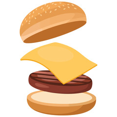 Delicious hamburger with flying ingredients isolated vector illustration on white background