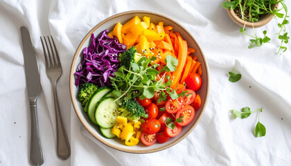 A vibrant and colorful rainbow salad bowl filled with fresh vegetables and greens.