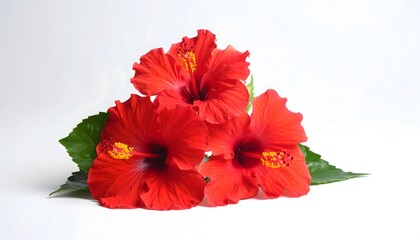 there are three red flowers on a white background with green leaves