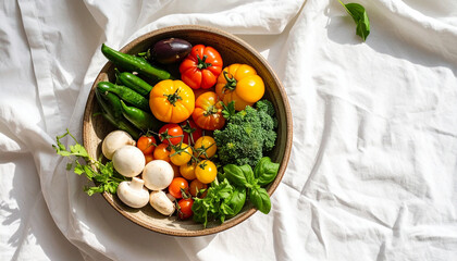 A vibrant assortment of fresh, colorful vegetables artfully arranged in a rustic bowl, ready for consumption.