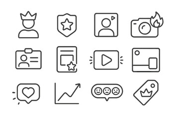Influencer Line Icons. Line style icons of top influencers: user avatar with crown, social badge with star, content creator frame,