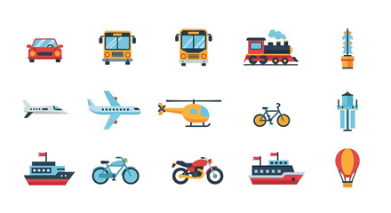 Obraz premium Vibrant collection of various land, air, and sea transportation vehicle icons in a clean flat design style.