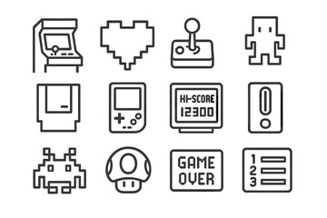 Retro Gaming Icons. Line style icons of retro gaming: arcade machine, pixel heart, retro joystick, 8-bit character; game cartridge