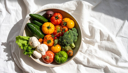 A vibrant assortment of fresh, colorful vegetables artfully arranged in a ceramic bowl on a white cloth.