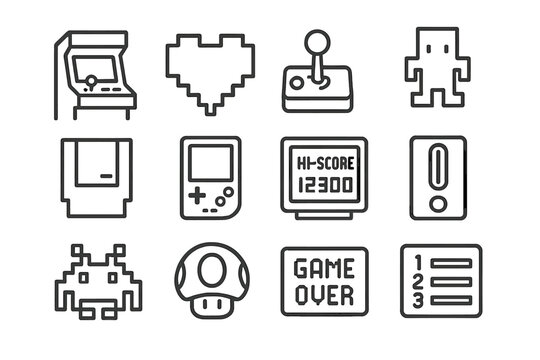 Retro Gaming Icons. Line style icons of retro gaming: arcade machine, pixel heart, retro joystick, 8-bit character; game cartridge