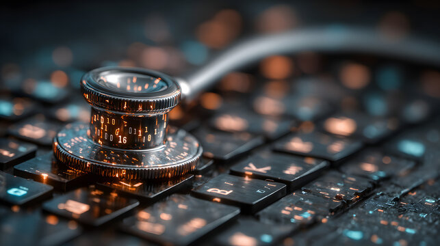 Stethoscope on computer keboard symbolizing digital ealthcare security, data ecryption, and medical techology innovation in cyberscurity and telemedicine aplications, Generative AI