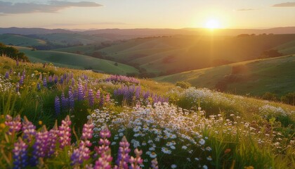 Fototapeta premium Golden sunset over rolling hills with wildflowers in bloom, warm light casting long shadows, peaceful countryside scenery, cinematic composition