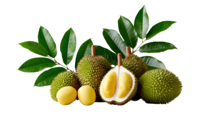 Golden Durian Abundance: A delectable display of ripe durian fruits, with a cut-open specimen showcasing the creamy, golden flesh alongside vibrant green leaves, celebrating the king of fruits.