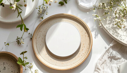 Overhead shot of a white plate with a smaller white circle on top, surrounded by other plates and flowers.