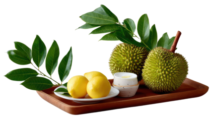 Tropical Feast: Two durian and some lemons and leaves on a wooden tray, a culinary journey through tropical flavors. 