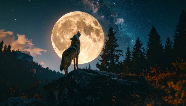 Majestic wolf howls at a full moon over a mountain forest