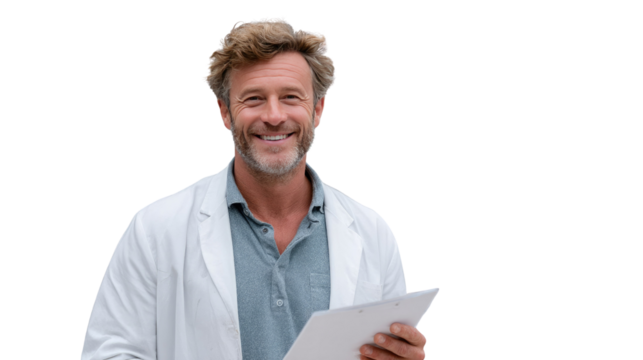 Confident Practitioner: An experienced medical professional in a lab coat smiles warmly while holding a document, the image captures a sense of expertise and care.